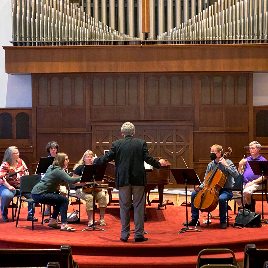 Chamber orchestra rehearsal for recital at Cappella Performing Arts Center in La Crosse, Wisconsin.