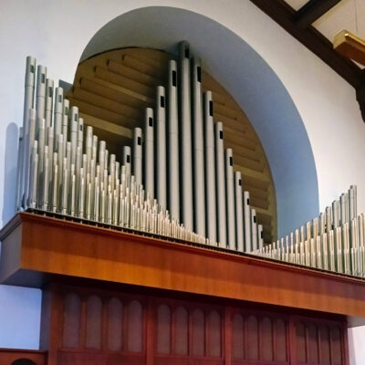 The historic Moller organ pipes at Cappella Performing Arts Center in La Crosse, Wisconsin.
