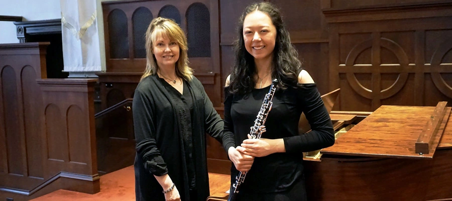 Image of oboe player and accompanist from the Cappella Performing Arts Center Oboe Chamber Recital.