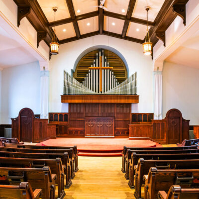 Image of the historic organ in Cappella Performing Arts Center on the Sanctuary Stage.