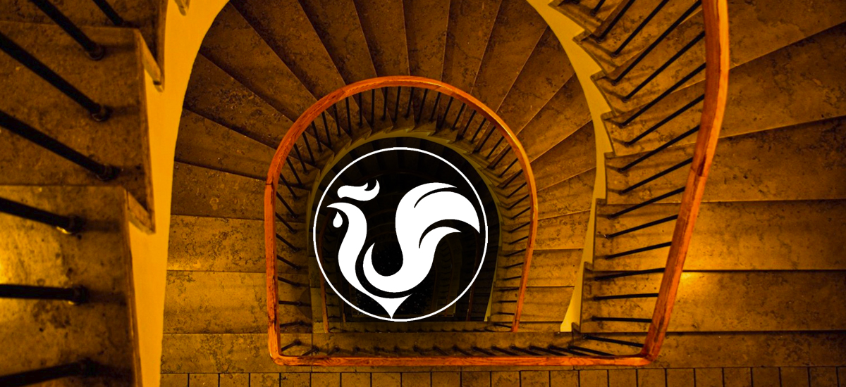 Image of staircase with Chanticleer logo in the center.
